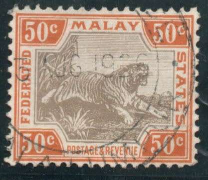 Federated Malay States 1922-34 definitive 50c black and orange-brown vfu. SG 74b. Cat £8,50 (2022)
