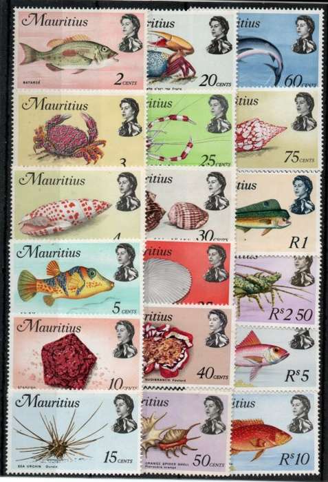 Mauritius 1969 Marine Life Definitive set of 18 lightly mounted mint. SG 382-399w. Cat £27 (2022)