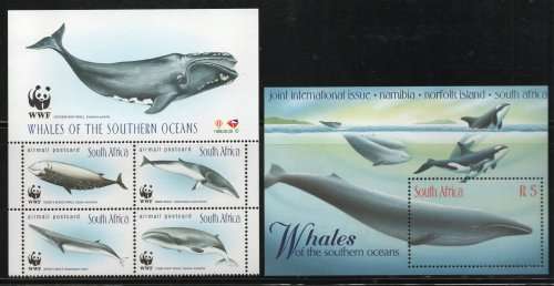 South Africa 1998 Whales of Southern Oceans set of 4 & m/s umm. SACC 1172-1176. Cat R220 (2023-25)