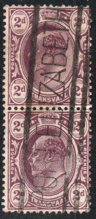 Transvaal 1904-09 KEVII Definitive 2d vert pair with interesting `PORT ELIZABETH` post mark SACC 268