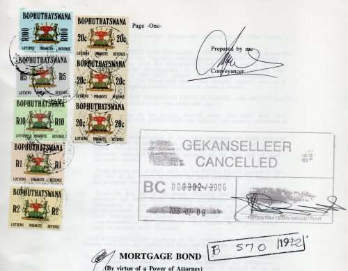 Bophuthatswana 1988 Revenue stamps on Mortgage Bond. Barefoot 5, 7, 8, 9, 10 & 12. Cat £75 (2012)