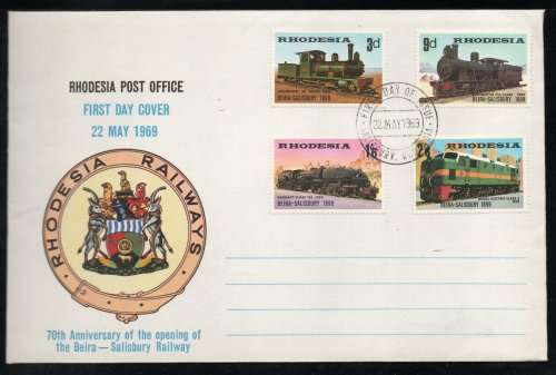 Rhodesia 1969 Beira-Salisbury Railway 70th Anniv set of 4 on FDC. SACC 188-191. Cat R150 (2023-25)