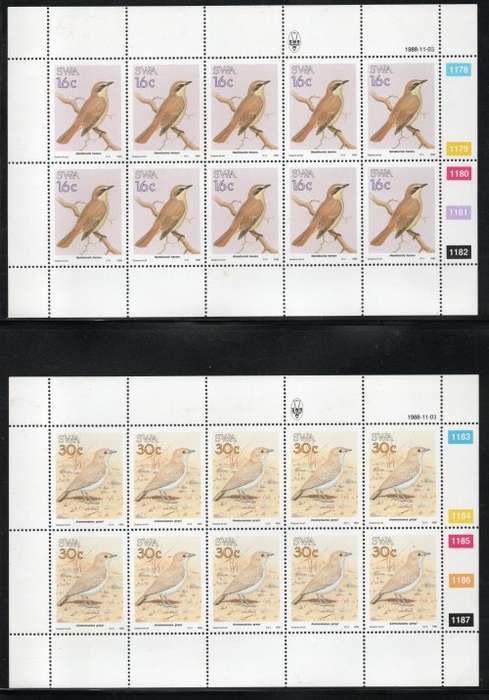 South West Africa 1988 Birds of SWA set of 4 in sheets of 10 umm. SACC 514-517. Cat R400 (2023-25)