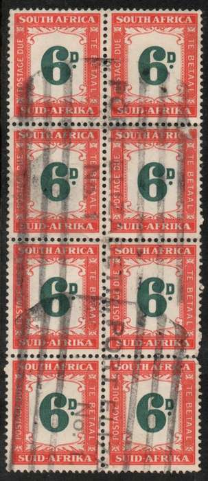 South Africa 1950-58 postage due 6d block of 8 fine used. SACC 42. Cat R1120. (2023-25)