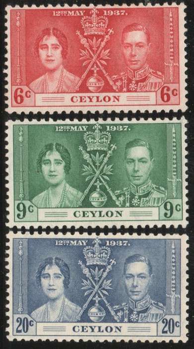 Ceylon 1937 Coronation set of 3 mounted mint. SG 383-385. Cat £6,65 (2022)