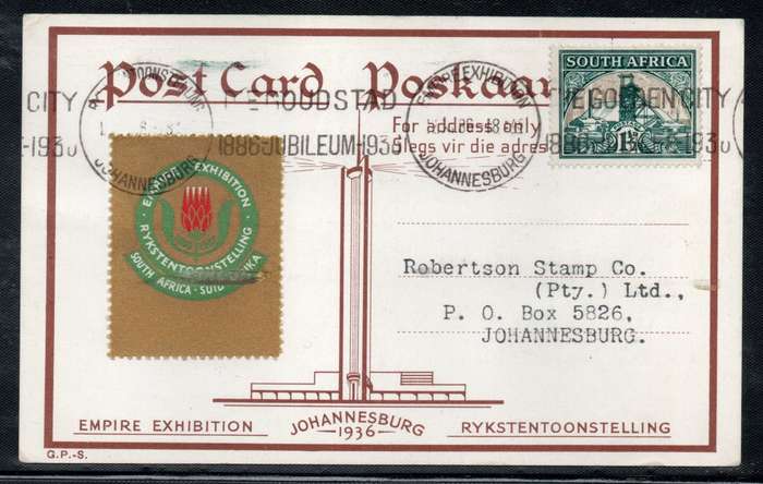 South Africa 1936 Empire Exhibition Post Card with label attached. Picture of Jhnb Telephone Tower.