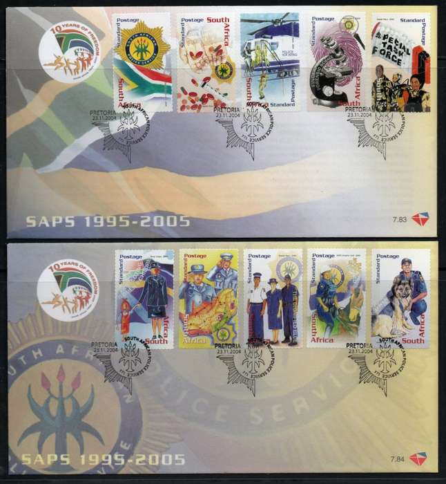 South Africa 2004 Police Force set of 10 on 2 FDC`s 7.83 & 7.84. SACC 1681-90. Cat R110 (2023-25)
