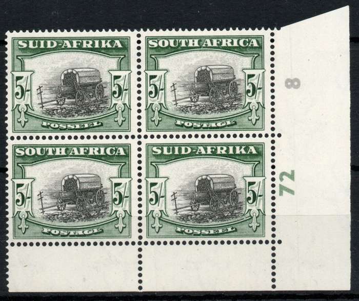 South Africa 1947-54 Screened Pict 5/- black & deep yellow-green control umm. SACC 121a. Cat R4500.