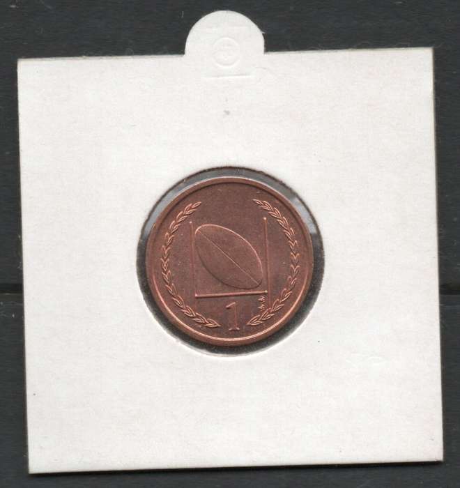 Isle of Man 1999 Queen Elizabeth II Uncirculated 1 Penny Coin with rugby ball and poles.