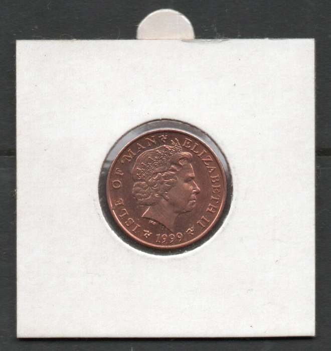 Isle of Man 1999 Queen Elizabeth II Uncirculated 1 Penny Coin with rugby ball and poles.