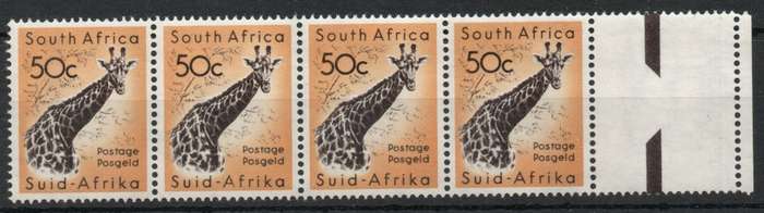 South Africa 1961 Defin 50c Giraffe horizontal strip of 4 unmtd mint. SACC 195. Cat R600 (2023-25)