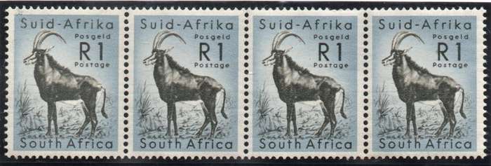 South Africa 1961 Defin R1 Sable Antelope horiz strip of 4 unmtd mint. SACC 196. Cat R2000 (2023-25)