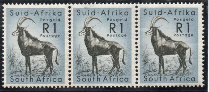 South Africa 1961 Defin R1 Sable Antelope horiz strip of 3 unmtd mint. SACC 196. Cat R1500 (2023-25)