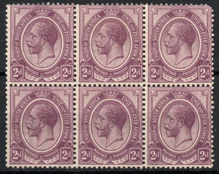South Africa 1913 KGV 2d block of 6 mm (x1) & umm (x5) upright wmk. SACC 5. Cat R109. (2023-25)