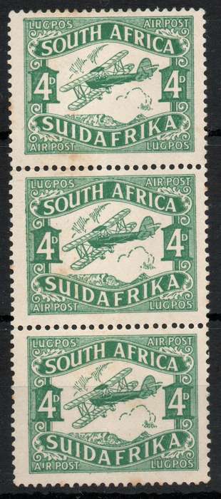 South Africa 1929 2nd Air mail issue 4d vertical strip of 3 mint. SACC 40. Cat R570. (2023-25)