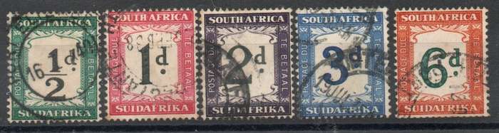 South Africa 1932-42 Postage Due set of 6 used. SACC 22, 24, 25b, 27 & 28. Cat R121. (2023-25)