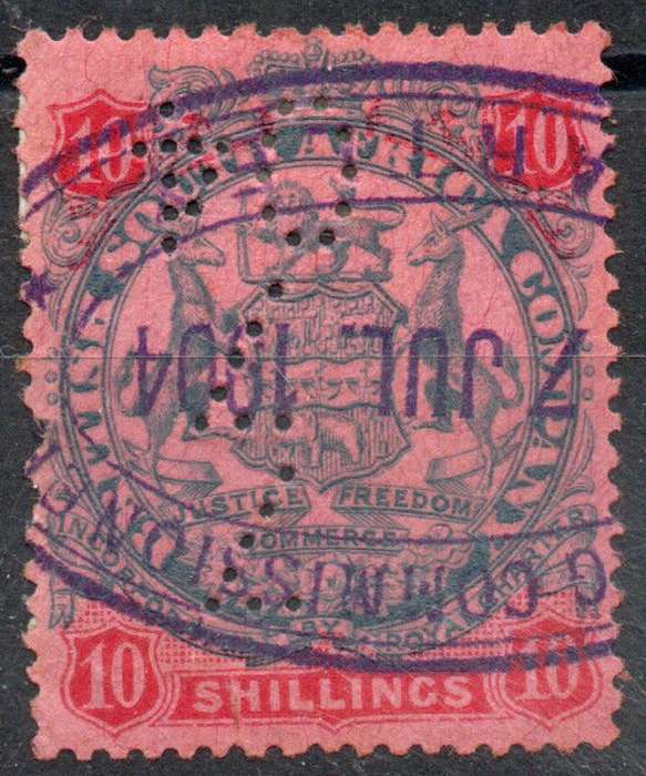 Rhodesia BSAC 1896-97 Arms Definitive 10/- fiscally used. SACC 47. Cat R2500 for postally used.