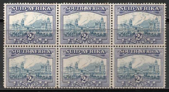 South Africa 1933-48 Hyphen Pictorial 2d blue & violet block 6 mint with UHB var? SACC 58 Cat R2100+