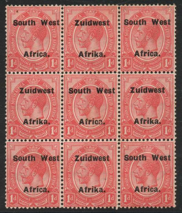 South West Africa 1926 KGV 1d red block of 9 mounted & unmounted mint. SACC 53. Cat R470