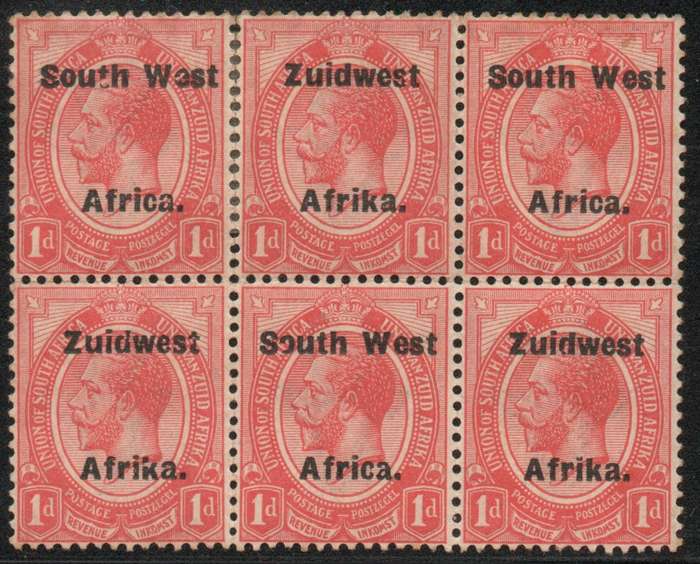 South West Africa 1926 KGV 1d red block of 6 mint. Interrupted printing of ovptd. SACC 53. Cat R290+