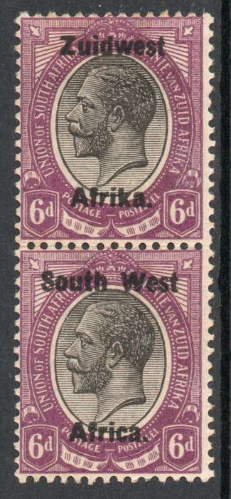 South West Africa 1923 6d black & violet vertical pair mint. SACC 20. Cat R400 (2023-25)