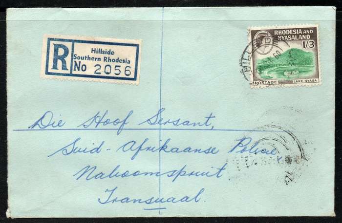 Rhodesia & Nyasaland 1959-62 QEII 1/3d on registered cover Hillside Southern Rhodesia - Naboomspruit
