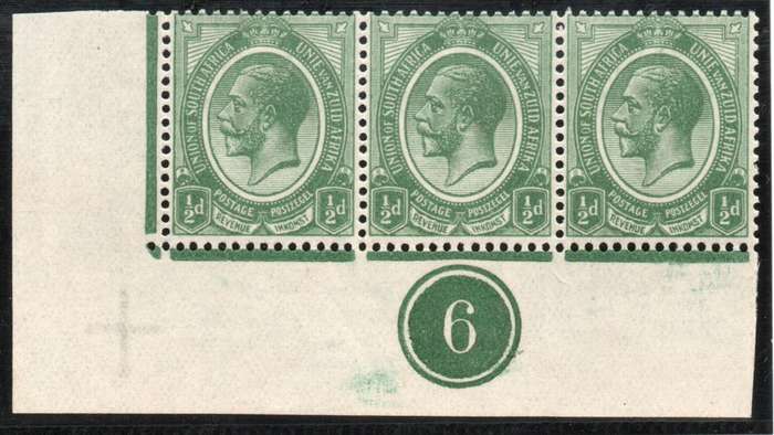 South Africa 1913 KGV ½d Plate number 6 Corner strip of 3 mounted mint. SACC 2. Cat R450 (2023-25)