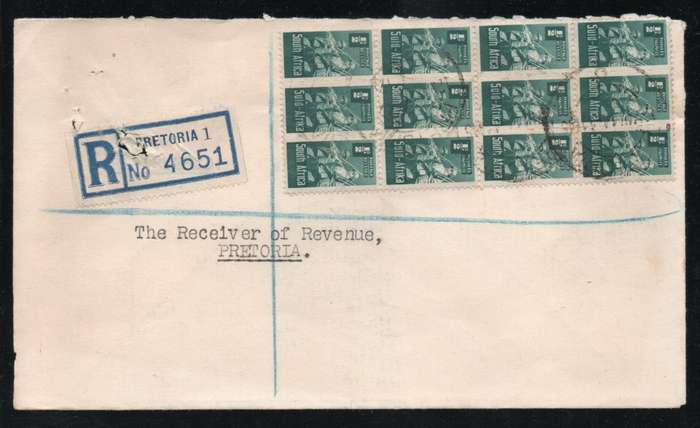 South Africa 1942-45 small war ½d bluish-green block of 4 units on cover. SACC 95. Cat stamps R100.