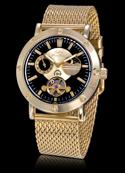 **STUNNING**GRAF VON MONTE WEHRO ROVERTO GOLD/BL. DIAL- MILANESE BRACELET .