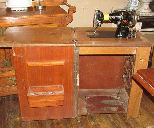 Vintage Black & Gold PHOENIX Universal 229 Treadle Sewing Machine in cabinet