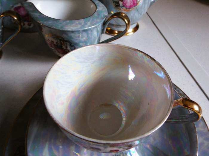Vintage Tea Set  4  Trios, Milk Jar, Sugar Bowl, Tea Pot and Cake Plate (mother of pearl)