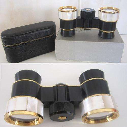 A STUNNING PAIR OF OPERA GLASSES IN ORIGINAL CASE AND BOXED--Mother-of-pearl inlays