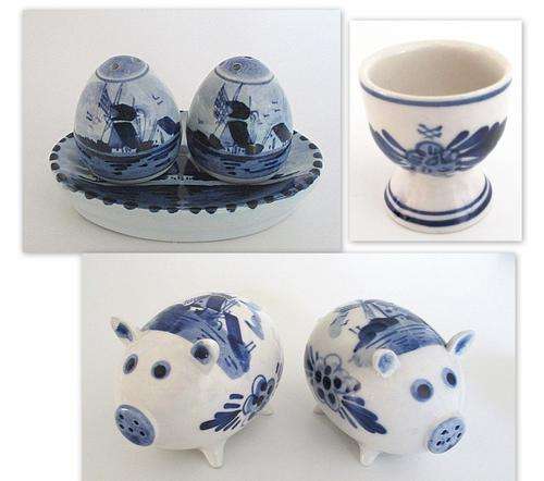 3 BLUE AND WHITE DELFT ITEMS--2 X Salt and peppers and an egg cup--READ
