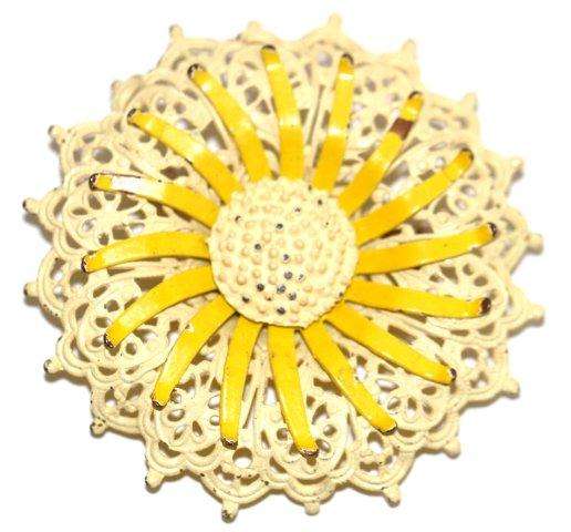 STUNNING SUNFLOWER BROOCH - 60'S - ENAMELLED - LARGE SIZE