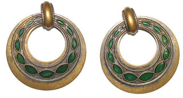 VINTAGE PARTY EARRINGS - BRONZE - GREEN ENAMEL
