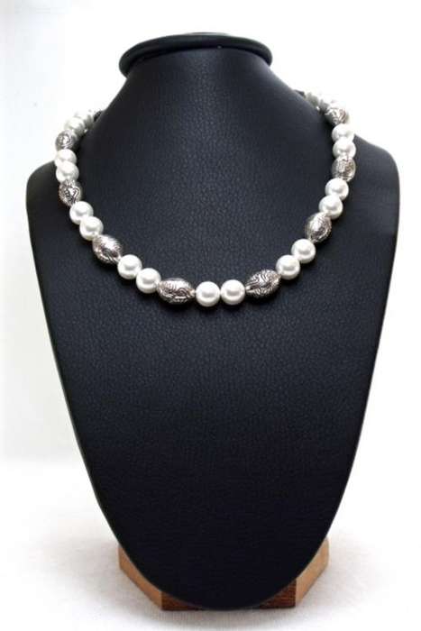 40cm White 10mm South Sea Shell Pearls and Rodium-plate Silver Necklace by Cooper & Lombard Jewelry