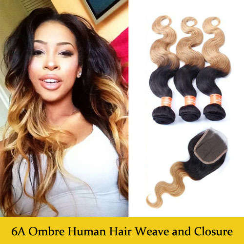 6A Ombre Human Hair Weaves with Closure Two Tone 1B/27# 12"~22"