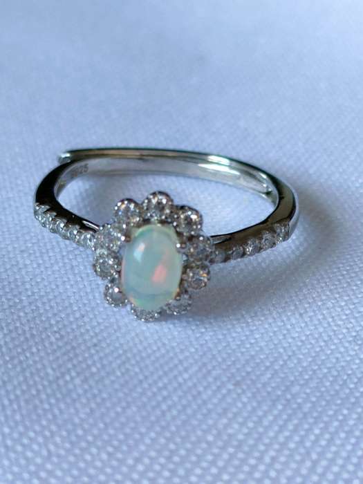 Ethiopian Opal and Topaz sterling silver ring- size adjustable - 1.00 ct plus- 925 stamped