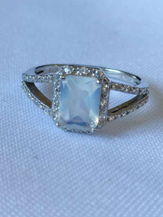 Opal and diamond sterling silver ring - size:US7 - 2.00 ct plus lab created stone - 925 stamped
