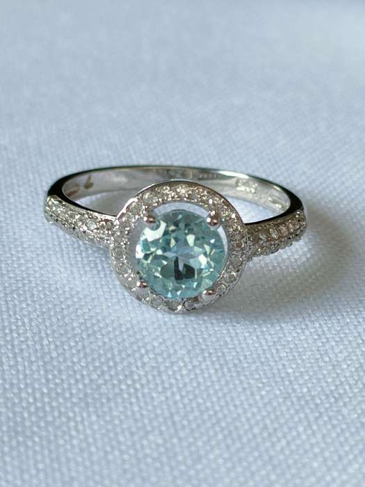 Topaz and diamond sterling silver ring naturally mined blue and white stones - US 7 - 1.20 ct - 925