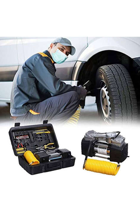 Double Cylinder Air Compressor With Emergency Tyre Repair Kit