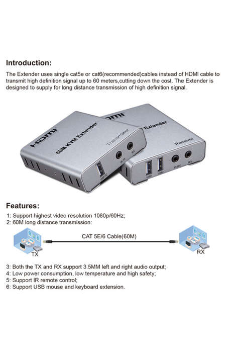 Hdmi Extender 60M Kvm Single Network Cable Transmits 1080P/60Hz Hd Signal Extender + Audio