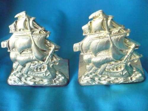 PAIR BRASS BOOKENDS WITH SAILING SHIPS