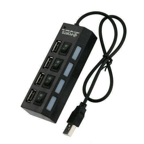 Black Hub with High Speed Adapter ON/OFF Switch 4 Port USB 2.0