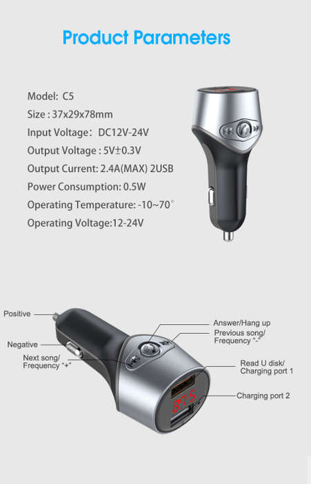 C5 MP3 Player Navigation FM Bluetooth Transmitter Double USB 5V 2.1A Car Charger