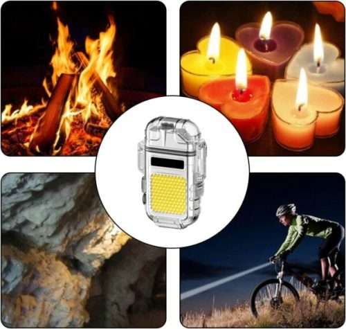 FA-WJ-990 Rechargeable Mini Hook Flashlight With Lighter Clear Case + Type C Charger Cable