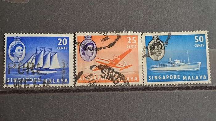 1955 - Singapore Malaya -  WM - 20, 25,  50 - Queen Elizabeth II