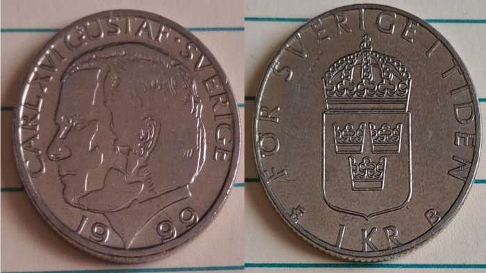 1999 - Sweden - 1 KR - Crowned lesser coat-of-arms of Sweden, - Demonetised Jun 2017 - Copper-nickel