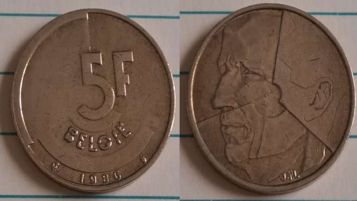 1986 - Belgium - 5 - King Baudouin  - Demonetised Feb 2002 - Copper-aluminium-nickel