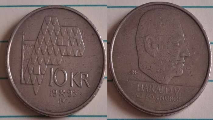 1995 - Norway - 10 - King Harald V - Demonetised - No - Nickel brass